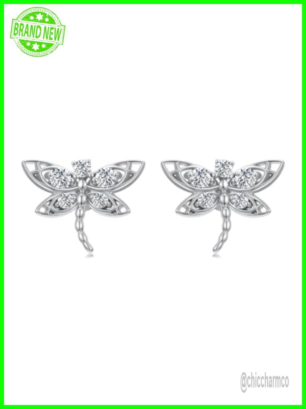Diamond Dragonfly Stud Earrings 925 Sterling Silver Push Back